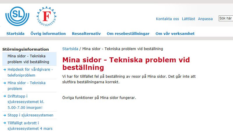 Text från webbsida som berättar om de tekniska problemen
