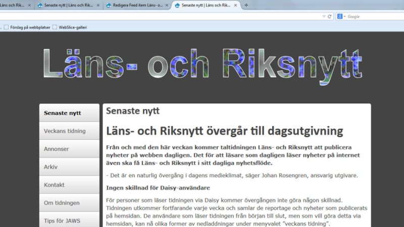 Skärmdump av Läns- och Riksnytts nya hemsida.