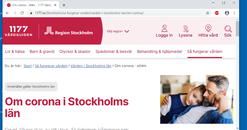 Skärmklipp från 1177 Vårdguidens webbplats med rubriken Om corona i Stockholms län i rött.