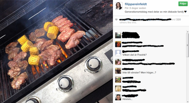 Filippa Reinfeldts Instagrambild. Kött på en grill.
