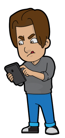 Tecknad arg man med brunt hår och blå byxor, tittar i mobilen.