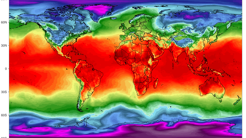 En världskarta med de varmaste delarna markerade i rött, och de svalare i gult, grönt, blått och lila.