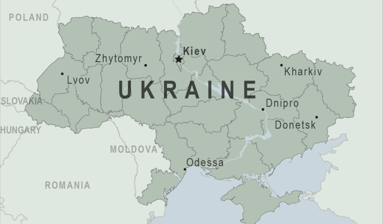 En tecknad kartbild över Ukraina med dess angränsande länder.