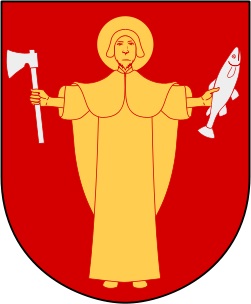 Botkyrkas symbol, röd bakgrund, en gul man med gloria som håller en yxa i ena handen och en fisk i den andra.