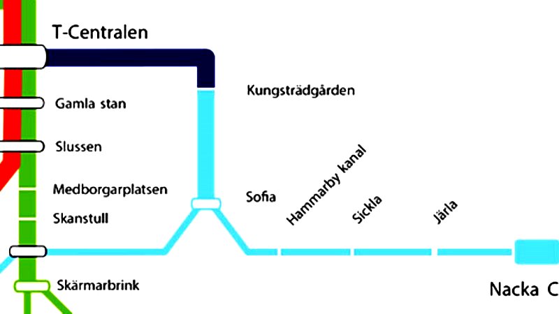 Beskuren bild av framtidens tunnelbanekarta. Den nya linjen från Kungsträdgården till Nacka Forum och Gullmarsplan är utmärkt i ljusblått.