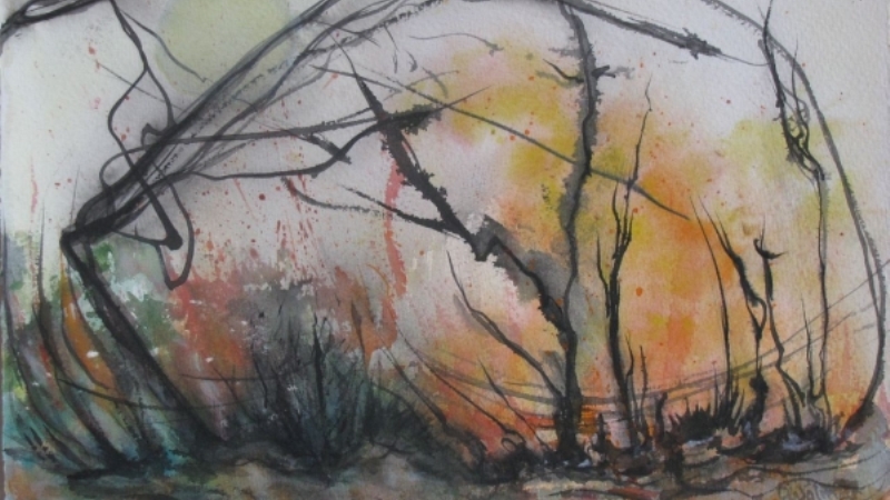 En målning av ett abstrakt kargt landskap. Svarta spretiga strån och glesa buskar i förgrunden. Ljusgrå bakgrund med inslag av orange, kanske är det solljus? Växterna böjer sig i vinden