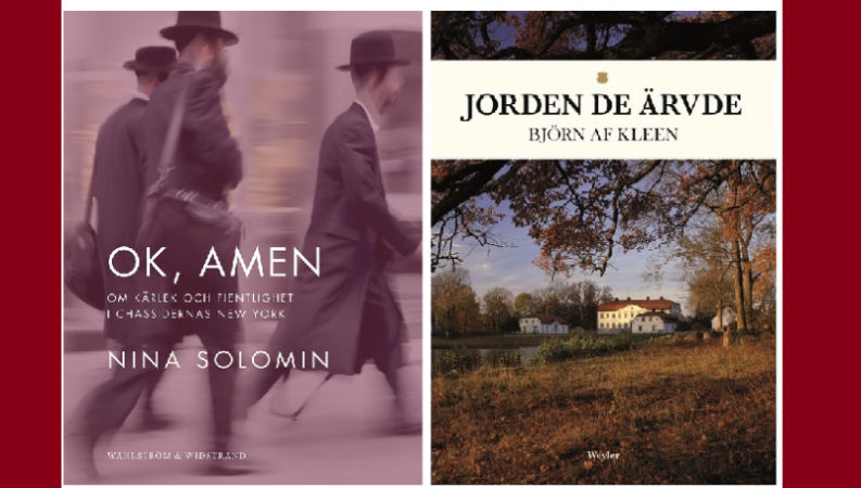 Omslagsbilder på två reportageböcker, till vänster boken OK, Amen med chassidiska judar i helfigur och till höger Jorden de ärvde, med sommaridyllisk avståndsbild på ett gods. 