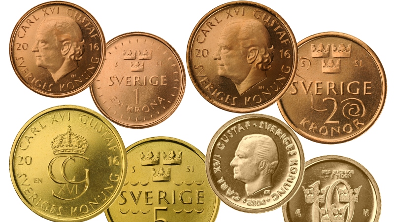 De nya mynten, ett- två- fem- och tiokronor.