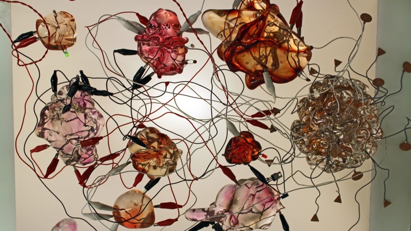 Glaskulpturer som påminner om inre organ sammanbundna med elkablar.