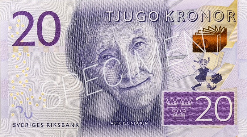 Bild på nya 20-kronorssedels med bild på Astrik Lindgren.