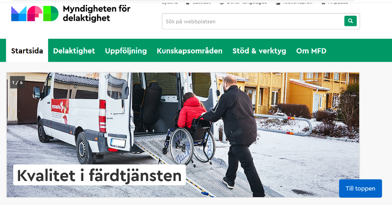Skärmklipp från MFD:s webbplats med en bild på en person i rullstol som hjälps in i en buss och texten Kvalitet i Färdtjänsten. 