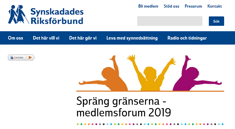 Bild från SRFs webbplats med texten Spräng gränserna Medlemsforum 2019 och en bild med färgglada siluetter av tre personer som sträcker armarna uppåt utåt.