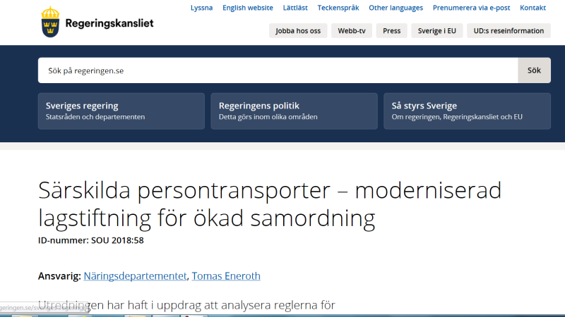 Skärmklipp från regeringens hemsida med rubriken "Särskilda persontransporter - moderniserad lagstiftning för ökad samordning" i centrum