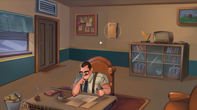 En skärmdump från spelet. Chefen sitter i sitt kontorsrum och skriver på ett papper.