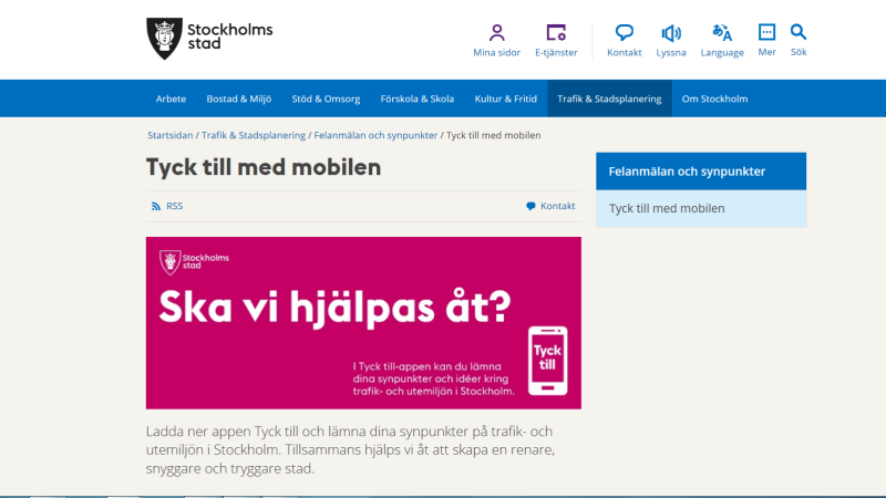 Bild från Stockholms stads webbsida med texten Tyck till i mobilen och Ska vi hjälpas åt?
