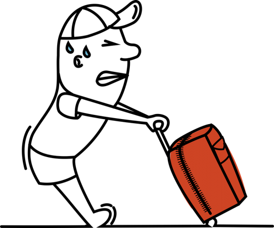 En teckand mansfigur i keps med svettdroppar i pannan och ansträngd grimas kämpar för att dra en resväska med handtag.