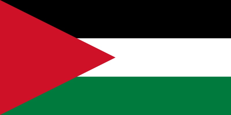 Flagga med tre horisontella färgfält, svart vitt och grönt samt en röd triangel närmast flaggstången.