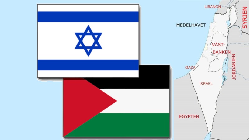 Ett montage med Israels blå och vita flagga med en sexuddig blå stjärna, den palestinska flaggan med svart, vitt och grönt band och ett rött trekantigt fält i vänsterkant. Till höger i bild en karta med Israel och de palestinska territorierna samt grannländer utmärkta.
