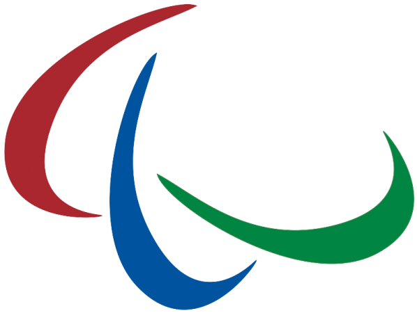 Paralympicssymbolen med tre s.k. agitos, bågformade symboler, intill varandra. En röd, en blå och en grön.
