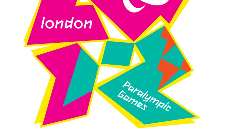 Logga för paralympics i London. Rektanglar och trianglar i rosa och grönt ovanpå varandra.