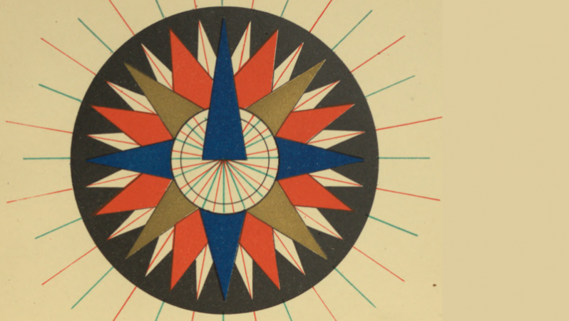 Kompassros från Juan de la Cosas sjökort cirka 1500. Många överlappande avlånga trianglar pekar ut som spetsar ifrån mitten av en cirkel. De har olika färger, blå, röd, brun och beige som pekar i olika väderstreck. Ingen text syns på bilden.
